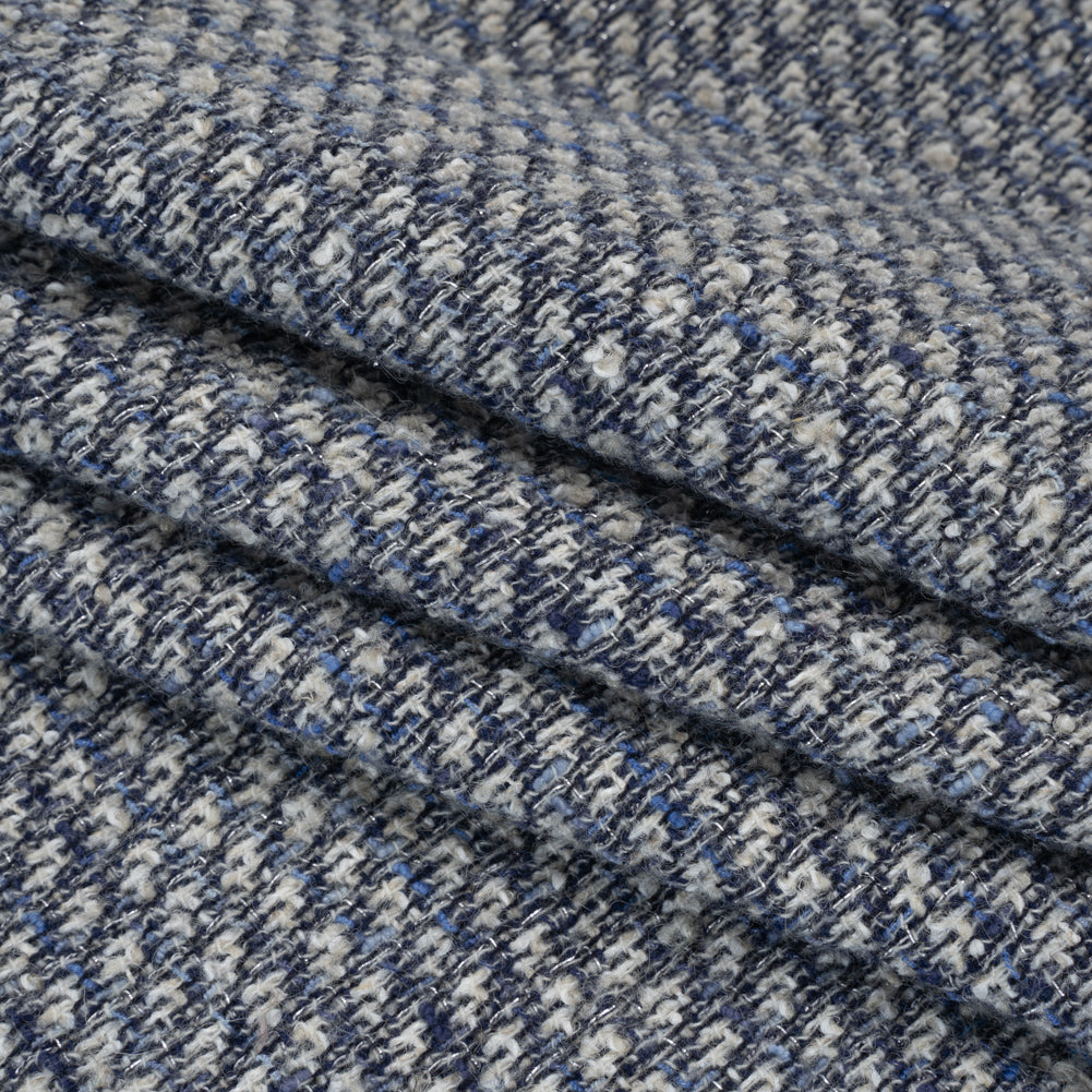 Metallic Wool Blend Tweed Boucle Made in Italy - Blue, Gray and Silver - Folded