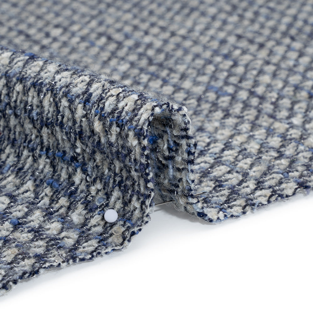 Metallic Wool Blend Tweed Boucle Made in Italy - Blue, Gray and Silver - Detail