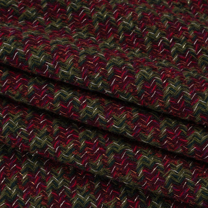 Metallic Wool Blend Tweed Twill Made in Italy - Olive Green, Dark Red and Gold Checks