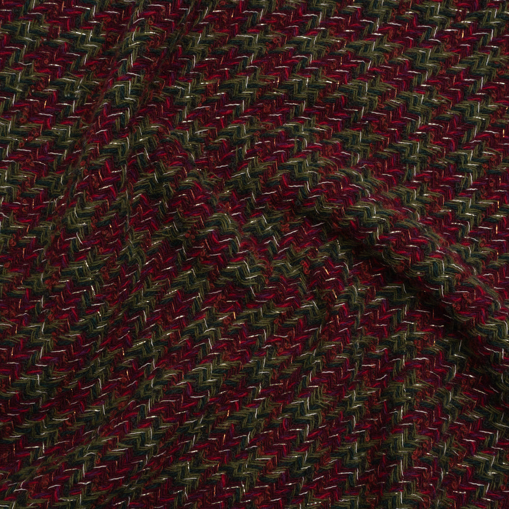 Metallic Wool Blend Tweed Twill Made in Italy - Olive Green, Dark Red and Gold Checks