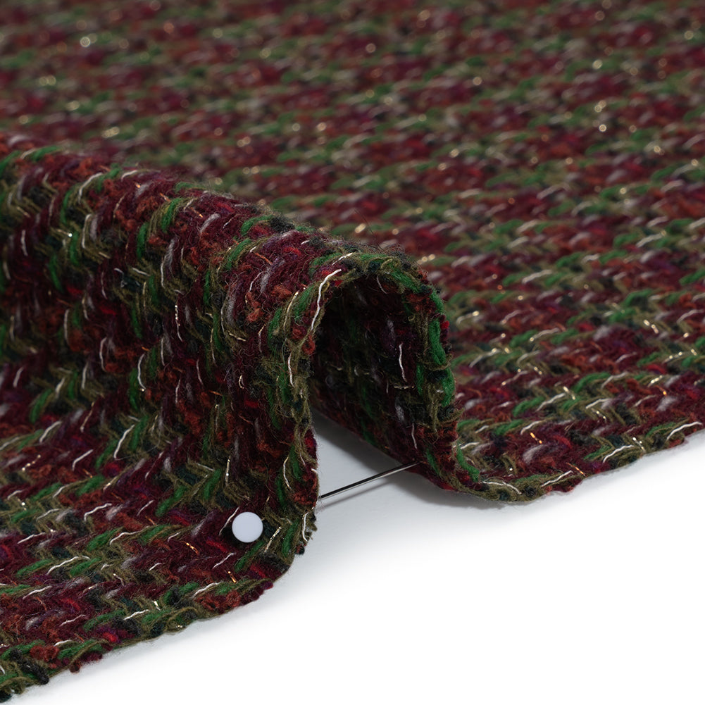 Metallic Wool Blend Tweed Twill Made in Italy - Bright Green, Burgundy and Gold Checks - Detail