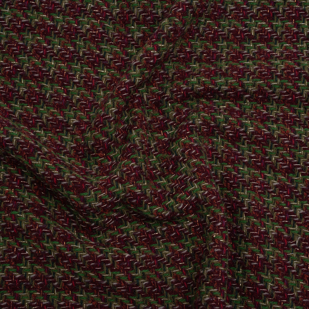 Metallic Wool Blend Tweed Twill Made in Italy - Bright Green, Burgundy and Gold Checks