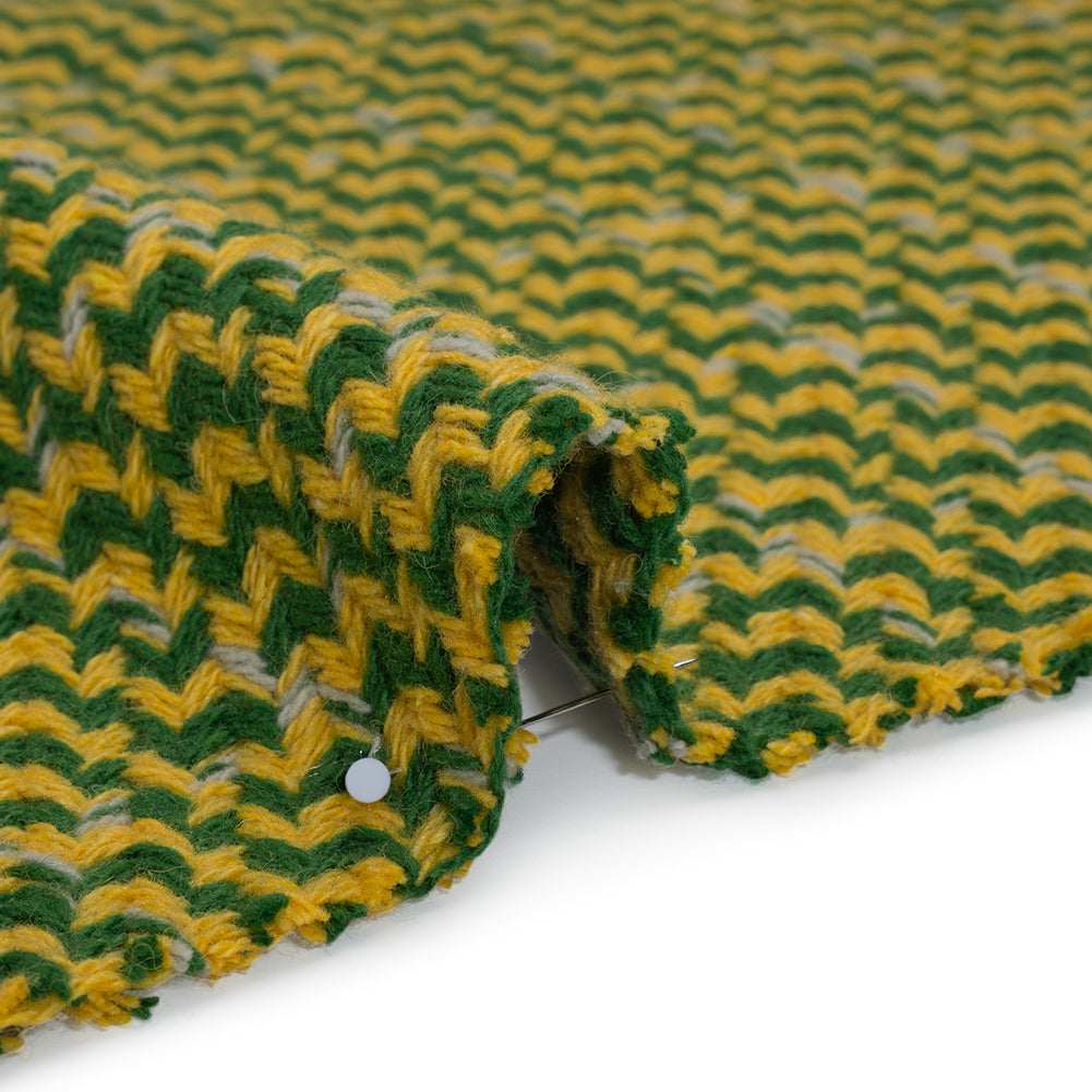 Wool Blend Tweed Twill Made in Italy - Green, Yellow and White Diagonal Stripes and Subtle Checks - Deadstock Detail