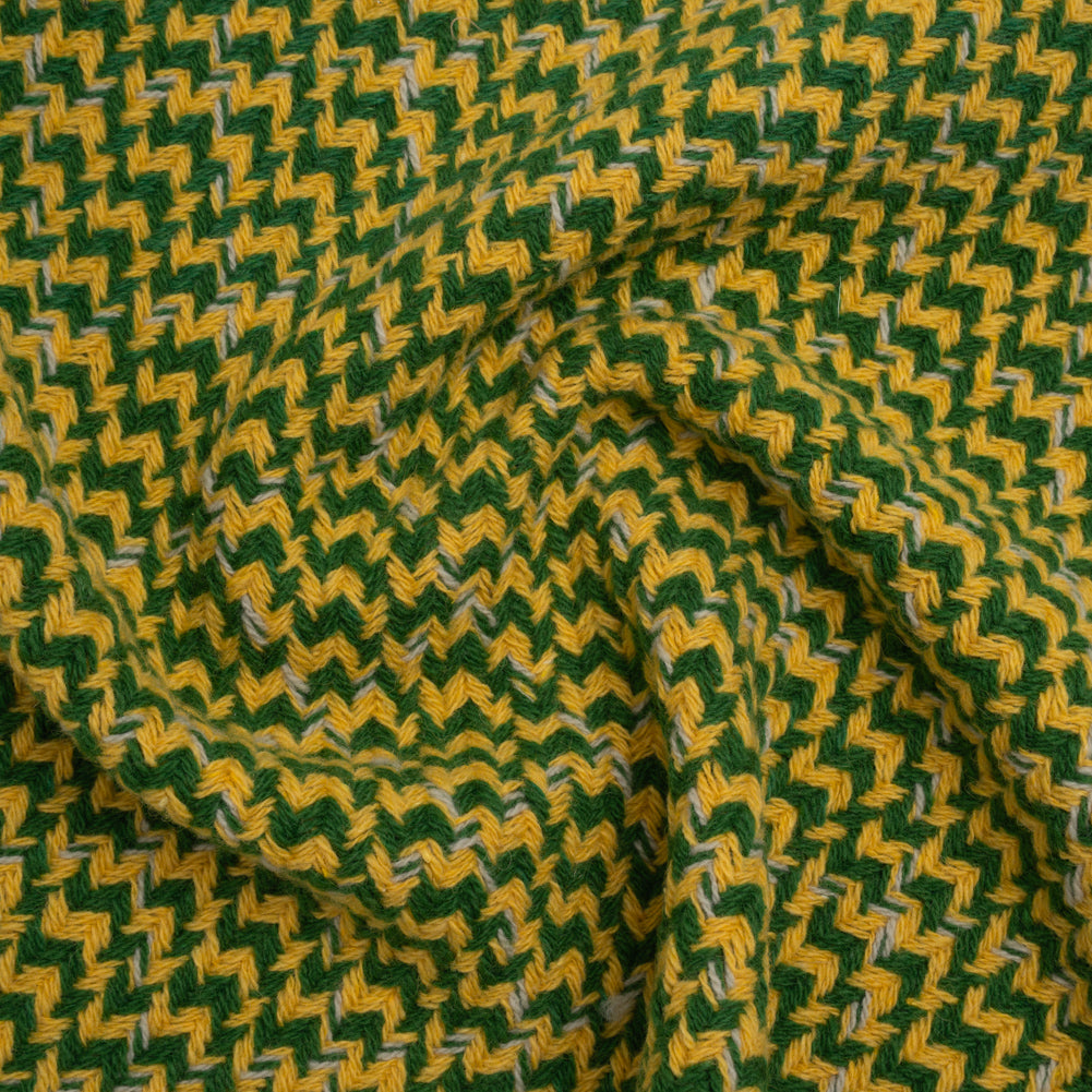 Wool Blend Tweed Twill Made in Italy - Green, Yellow and White Diagonal Stripes and Subtle Checks - Deadstock