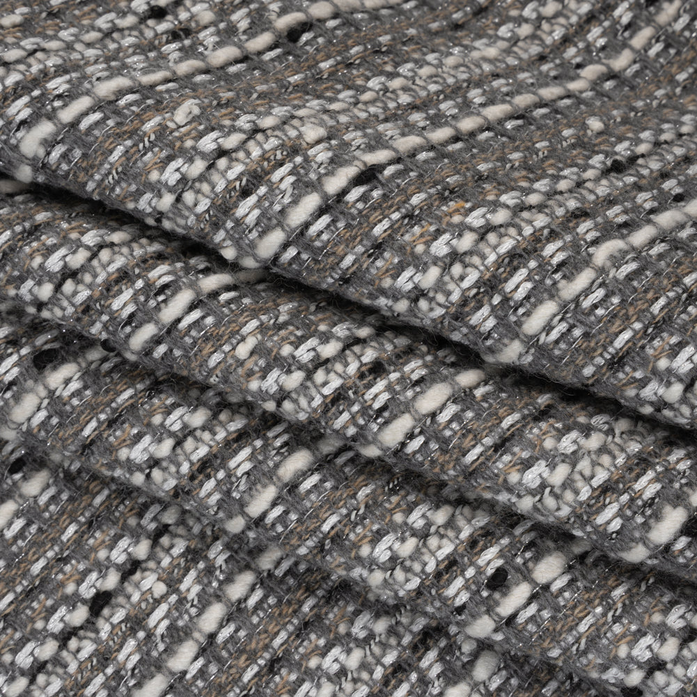 Metallic Wool Blend Tweed Made in Italy - White, Beige and Silver Stripes