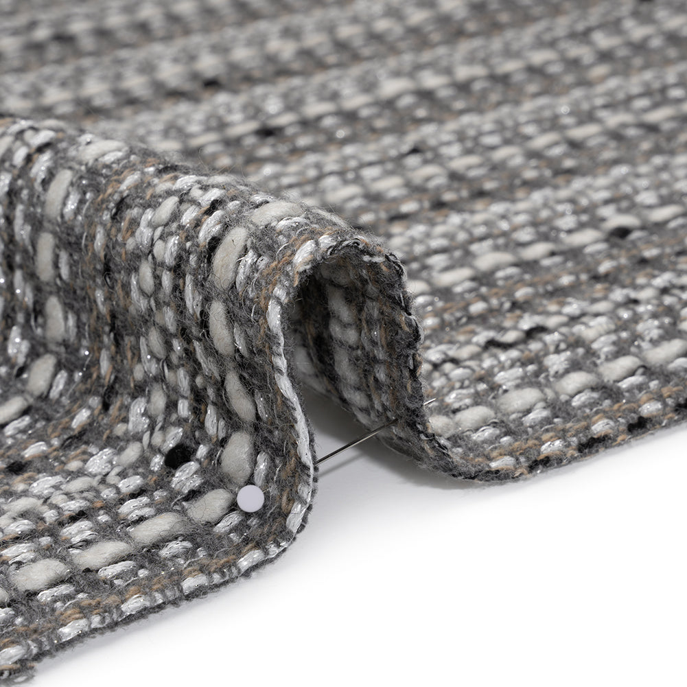 Metallic Wool Blend Tweed Made in Italy - White, Beige and Silver Stripes