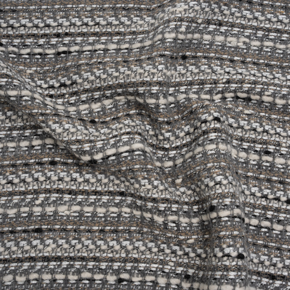 Metallic Wool Blend Tweed Made in Italy - White, Beige and Silver Stripes