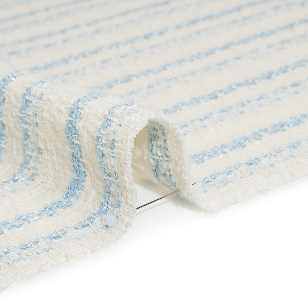 Metallic Wool Blend Loosely Woven Tweed Made in Italy - Off White, Baby Blue and Silver Stripes