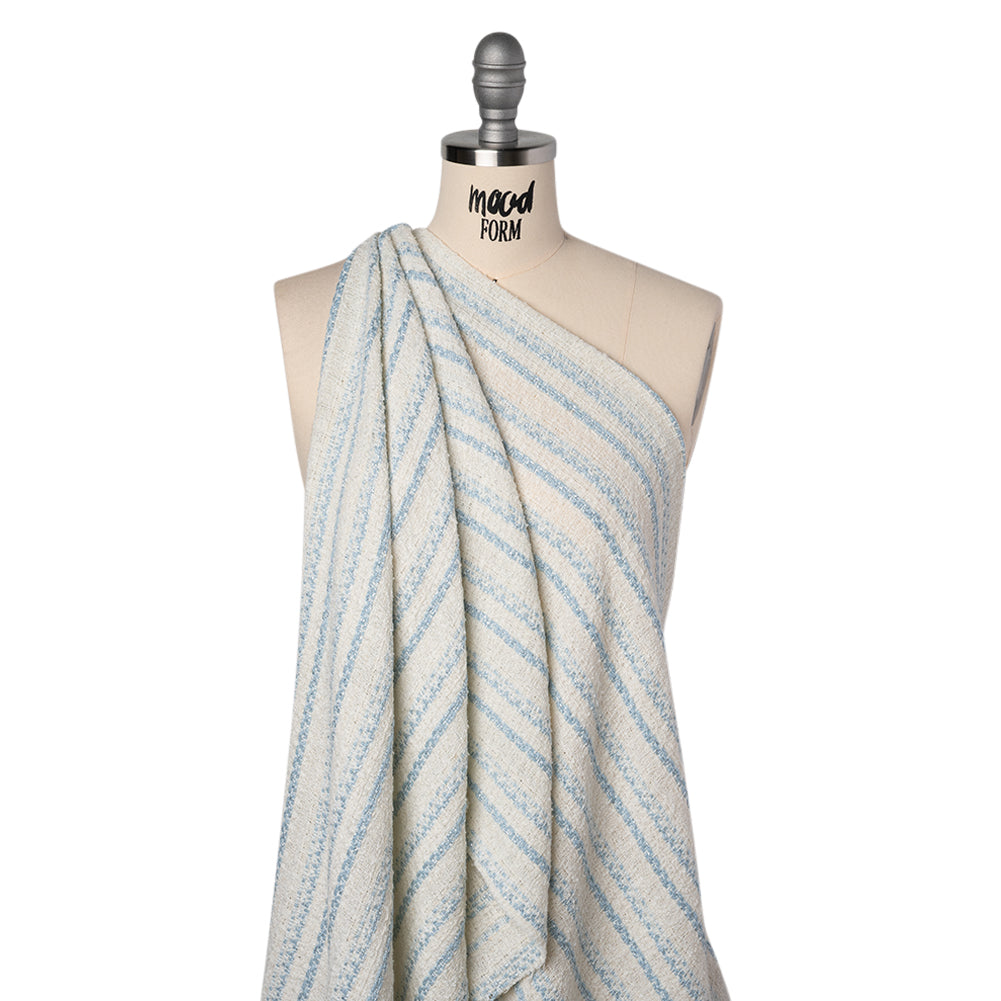 Metallic Wool Blend Loosely Woven Tweed Made in Italy - Off White, Baby Blue and Silver Stripes