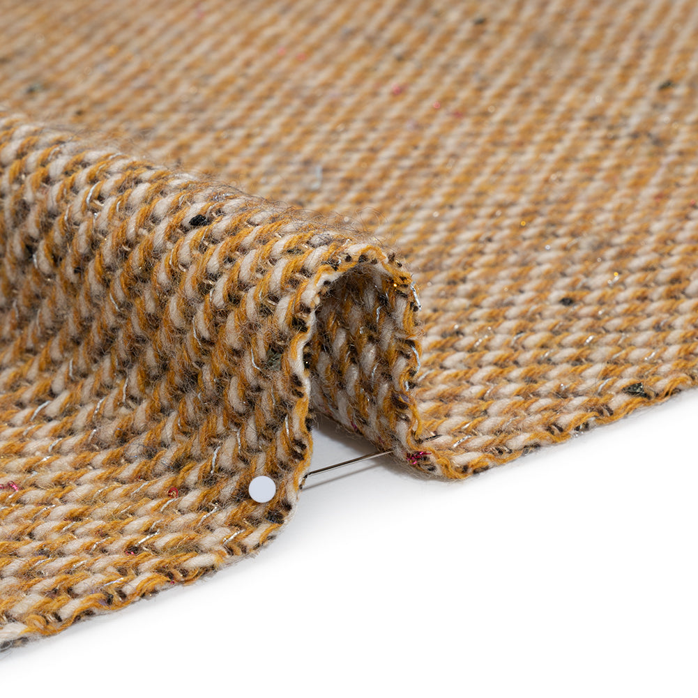 Metallic Wool Blend Tweed Twill Made in Italy - Mustard Yellow, White and Pink Abstract with Baby Sequins