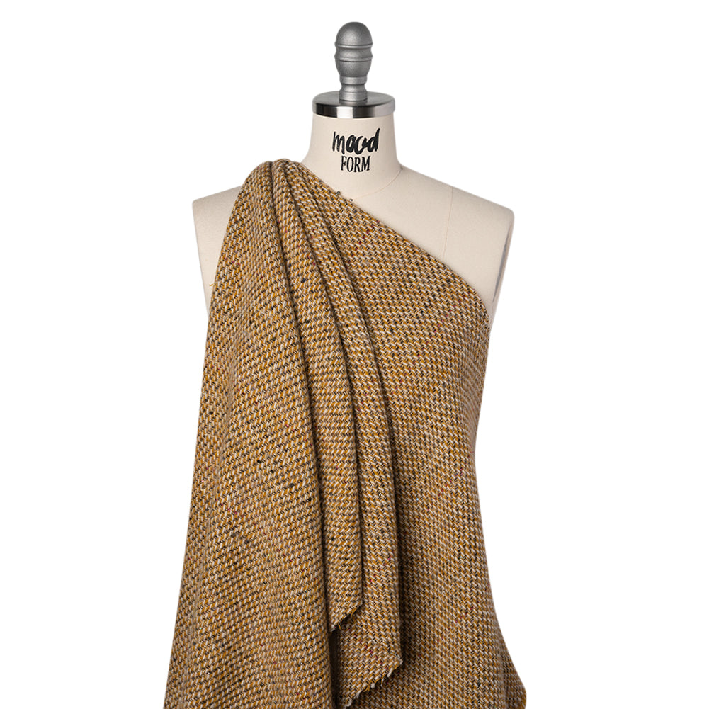 Metallic Wool Blend Tweed Twill Made in Italy - Mustard Yellow, White and Pink Abstract with Baby Sequins