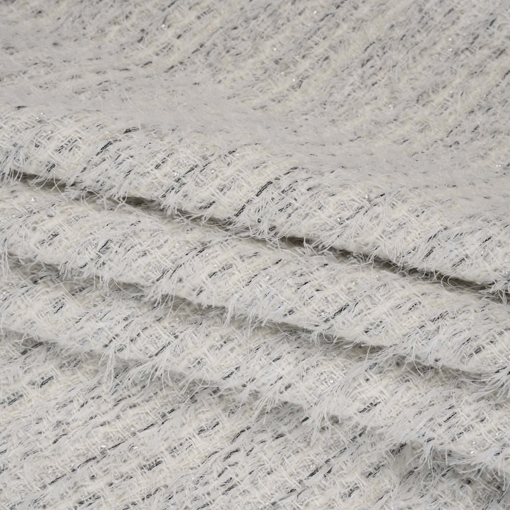 Metallic Wool Blend Tweed with Eyelash Fringe Made in Italy - White, Charcoal and Silver Stripes - Deadstock Folded