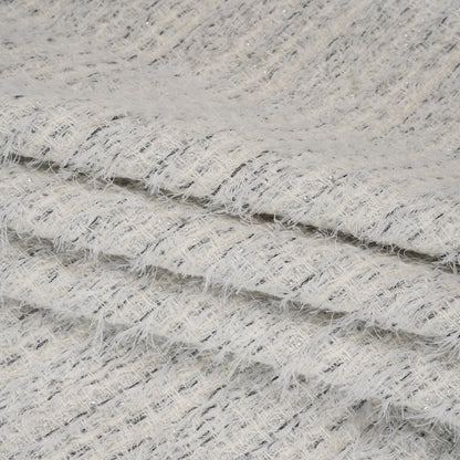 Metallic Wool Blend Tweed with Eyelash Fringe Made in Italy - White, Charcoal and Silver Stripes - Deadstock Folded