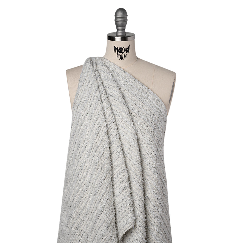 Metallic Wool Blend Tweed with Eyelash Fringe Made in Italy - White, Charcoal and Silver Stripes - Deadstock Drape