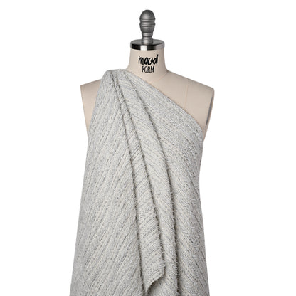 Metallic Wool Blend Tweed with Eyelash Fringe Made in Italy - White, Charcoal and Silver Stripes - Deadstock Drape