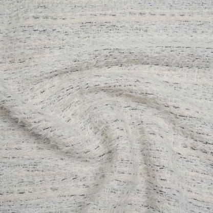 Metallic Wool Blend Tweed with Eyelash Fringe Made in Italy - White, Charcoal and Silver Stripes - Deadstock