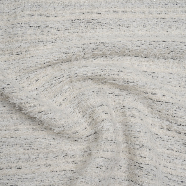 Metallic Wool Blend Tweed with Eyelash Fringe Made in Italy - White, Charcoal and Silver Stripes - Deadstock