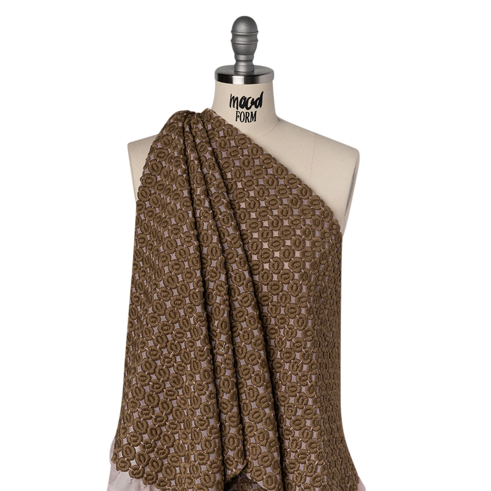 Heavily Embroidered Polyester Crinkled Chiffon - Pink and Brown Flower Dots - Drape