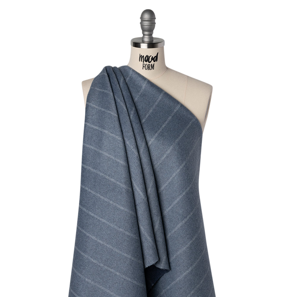 Brushed Wool Double Cloth Coating - Light Blue and Navy Chalk Stripes - Deadstock - Drape