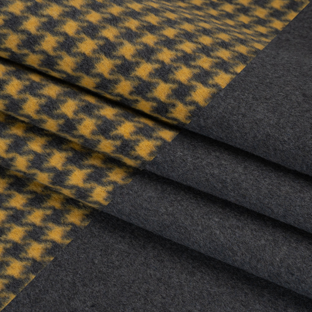 Brushed Wool Double Cloth Coating - Yellow and Gray Houndstooth and Charcoal Heathered - Deadstock Folded