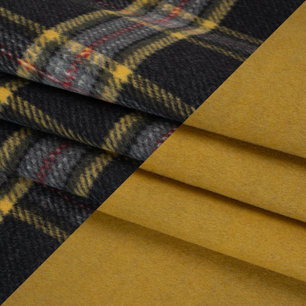 Brushed Wool Double Cloth Coating - Yellow Ochre, Black and Red Plaid and Yellow Solid - Deadstock - Folded
