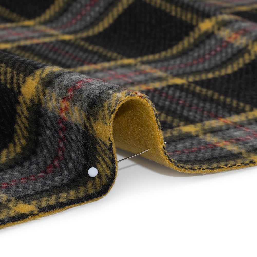 Brushed Wool Double Cloth Coating - Yellow Ochre, Black and Red Plaid and Yellow Solid - Deadstock - Detail