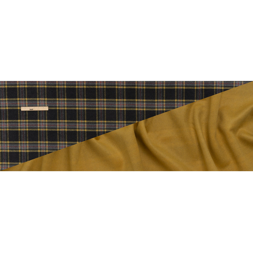 Brushed Wool Double Cloth Coating - Yellow Ochre, Black and Red Plaid and Yellow Solid - Deadstock - Full