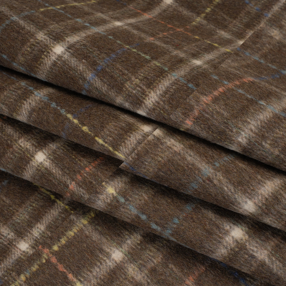 Brushed Wool Double Cloth Coating - Brown, Cream and Blue Plaid - Deadstock