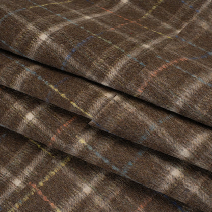 Brushed Wool Double Cloth Coating - Brown, Cream and Blue Plaid - Deadstock