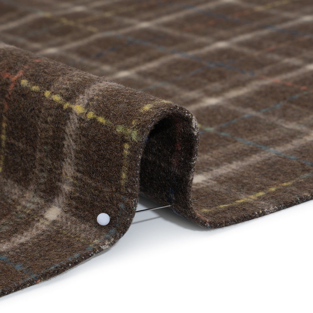 Brushed Wool Double Cloth Coating - Brown, Cream and Blue Plaid - Deadstock