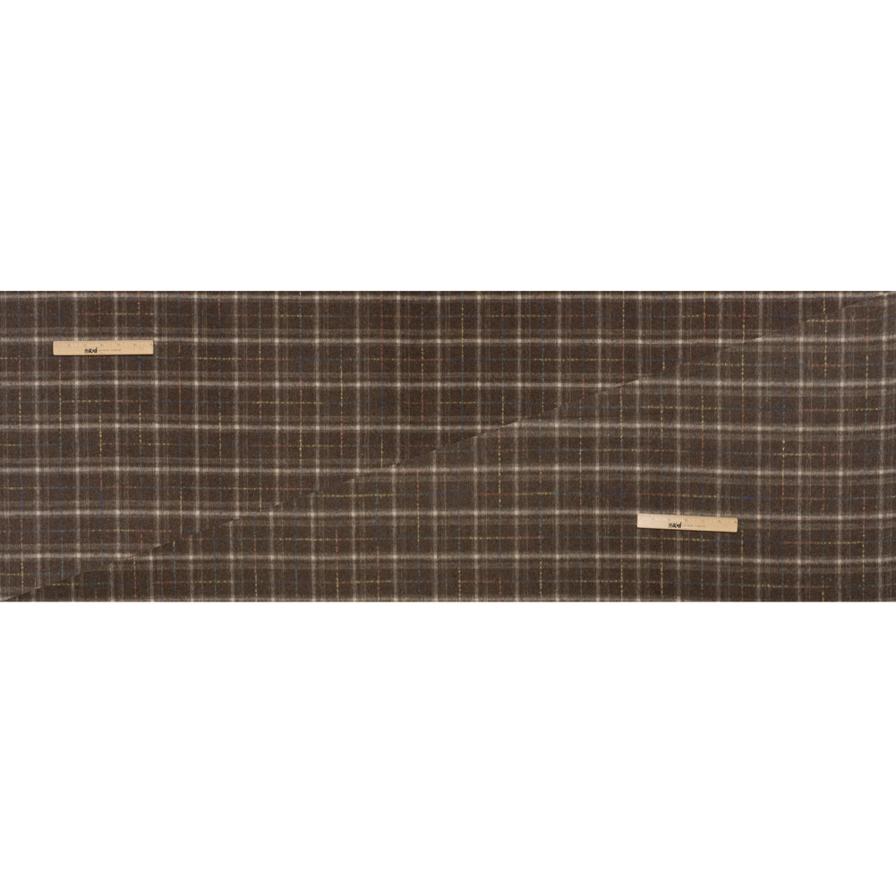 Brushed Wool Double Cloth Coating - Brown, Cream and Blue Plaid - Deadstock
