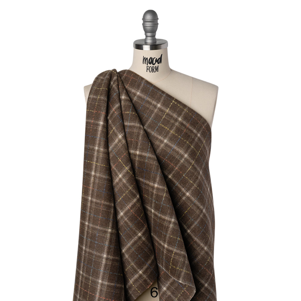 Brushed Wool Double Cloth Coating - Brown, Cream and Blue Plaid - Deadstock