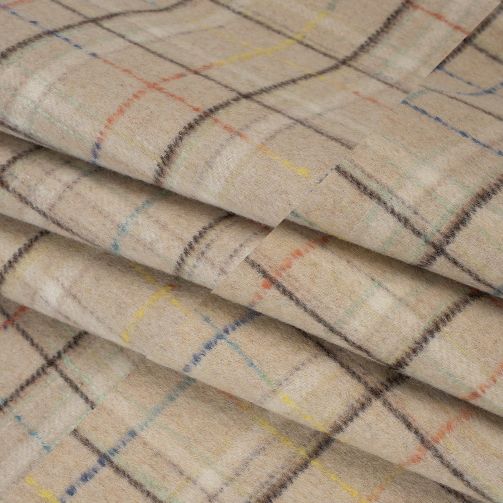 Brushed Wool Double Cloth Coating - Beige, Dark Brown and Blue Plaid - Deadstock - Folded