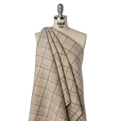 Brushed Wool Double Cloth Coating - Beige, Dark Brown and Blue Plaid - Deadstock
