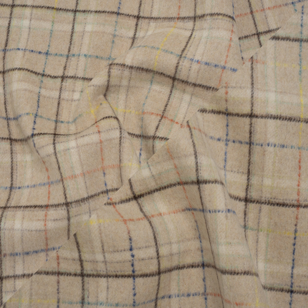 Brushed Wool Double Cloth Coating - Beige, Dark Brown and Blue Plaid - Deadstock