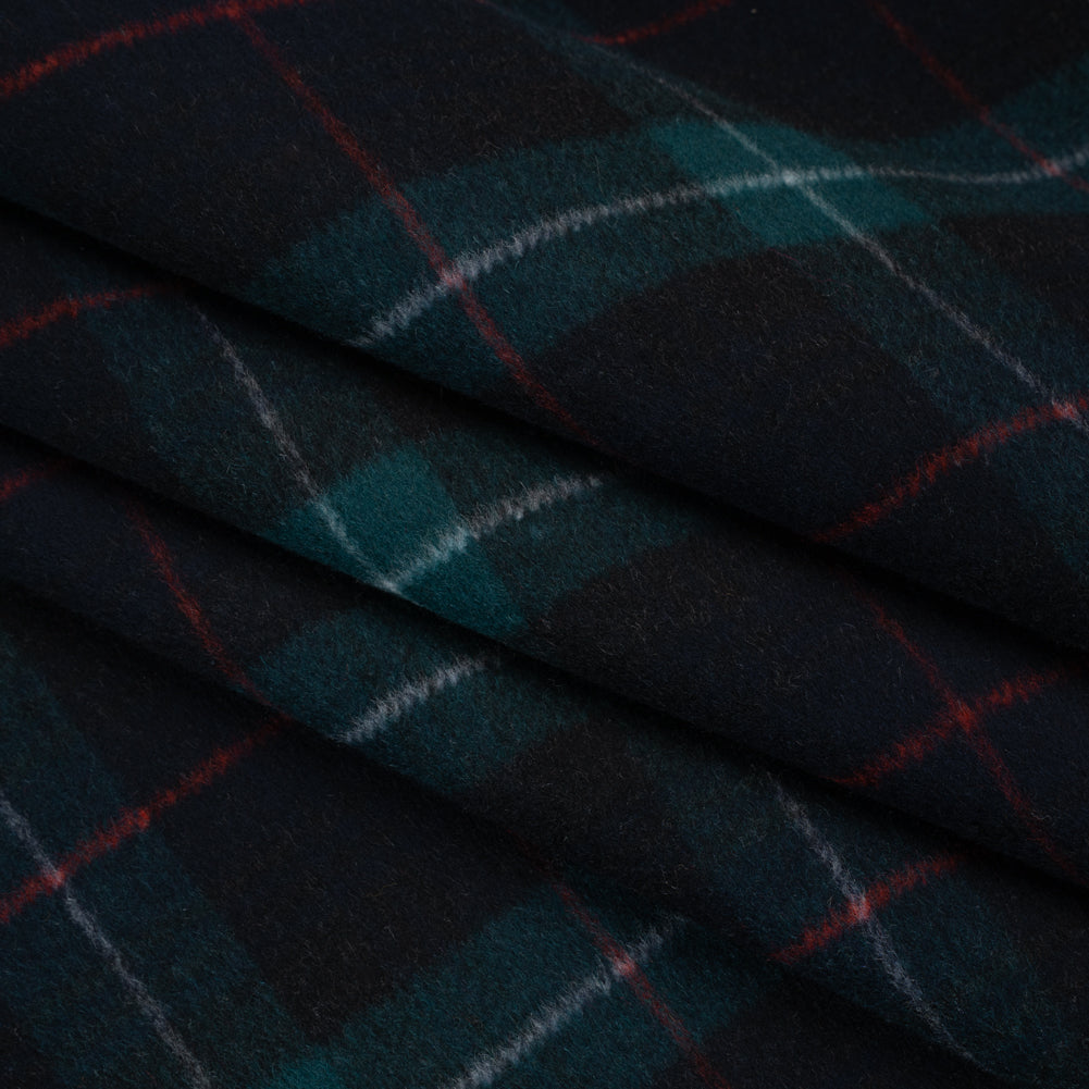 Brushed Wool Double Cloth Coating - Black, Deep Green and Red Plaid - Deadstock - Folded