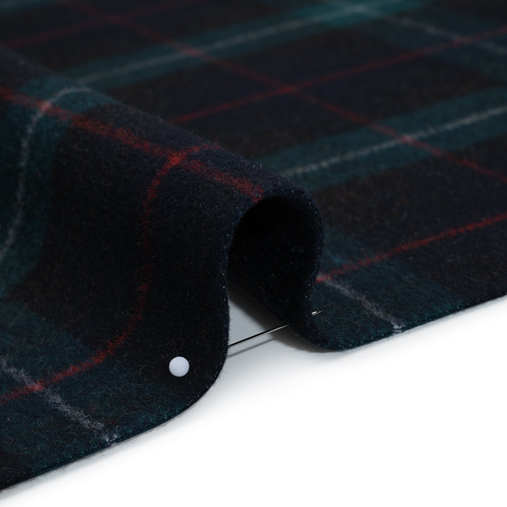 Brushed Wool Double Cloth Coating - Black, Deep Green and Red Plaid - Deadstock - Detail