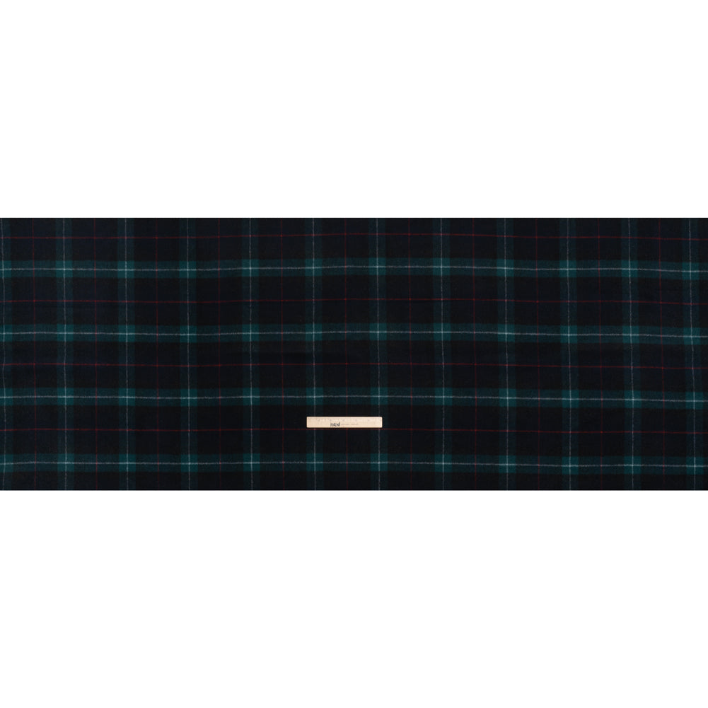Brushed Wool Double Cloth Coating - Black, Deep Green and Red Plaid - Deadstock - Full