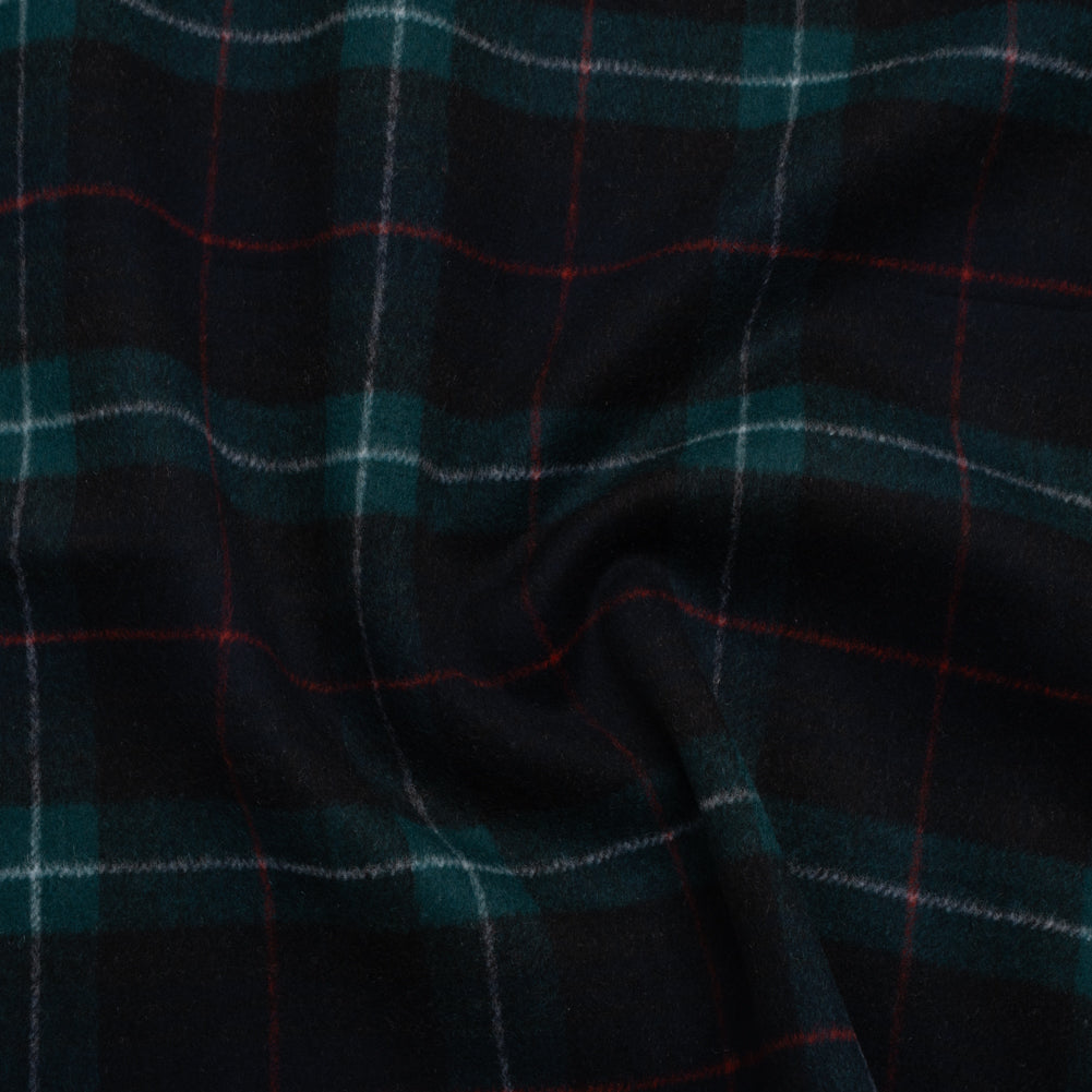 Brushed Wool Double Cloth Coating - Black, Deep Green and Red Plaid - Deadstock