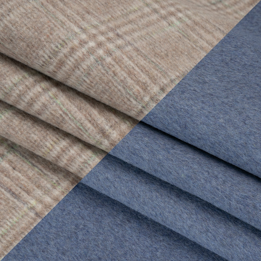 Brushed Wool Double Cloth Coating - Beige, Brown and Green Glen Plaid and Muted Blue Heathered - Deadstock
