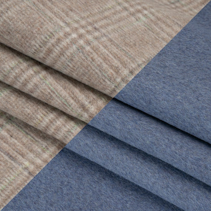 Brushed Wool Double Cloth Coating - Beige, Brown and Green Glen Plaid and Muted Blue Heathered - Deadstock