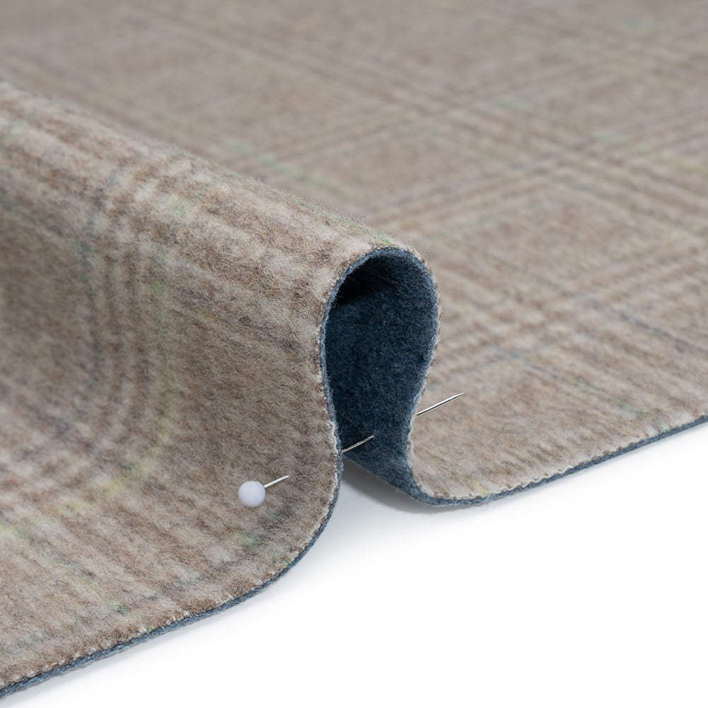 Brushed Wool Double Cloth Coating - Beige, Brown and Green Glen Plaid and Muted Blue Heathered - Deadstock