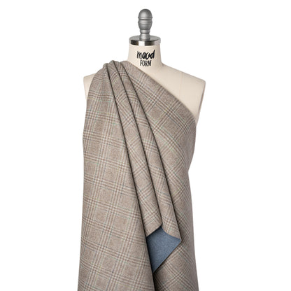 Brushed Wool Double Cloth Coating - Beige, Brown and Green Glen Plaid and Muted Blue Heathered - Deadstock