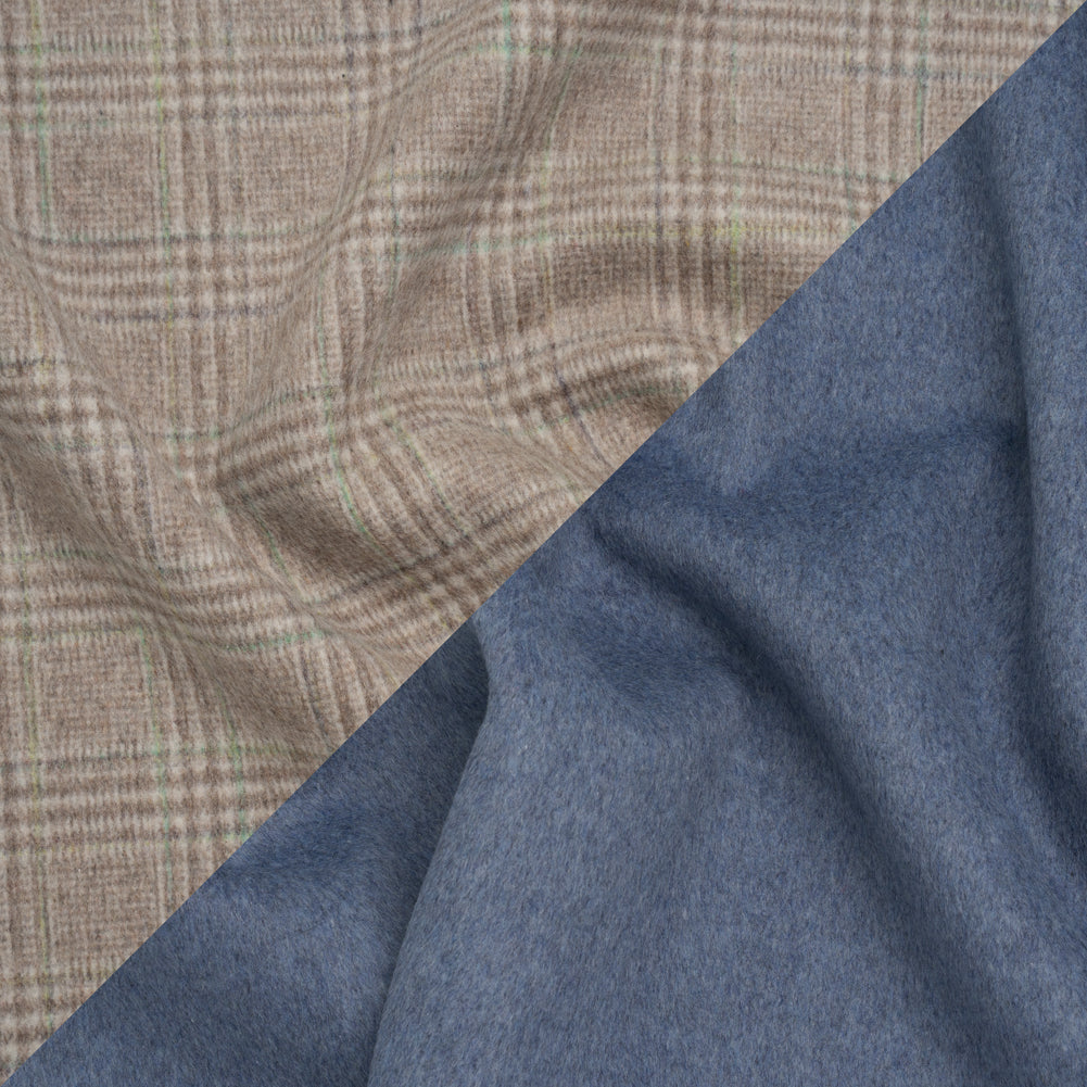 Brushed Wool Double Cloth Coating - Beige, Brown and Green Glen Plaid and Muted Blue Heathered - Deadstock