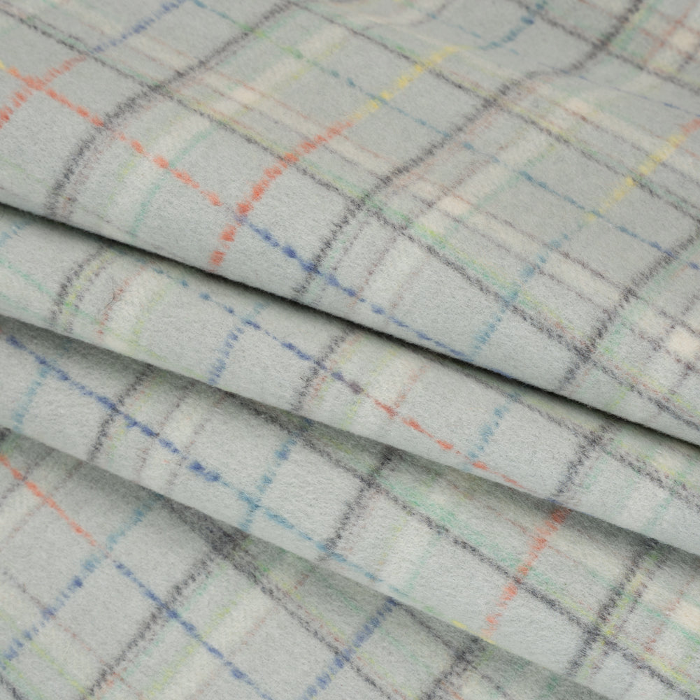 Brushed Wool Double Cloth Coating - Mint, Charcoal and Blue Plaid - Deadstock - Folded