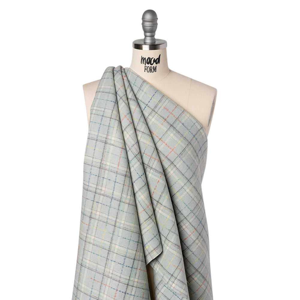 Brushed Wool Double Cloth Coating - Mint, Charcoal and Blue Plaid - Deadstock - Drape