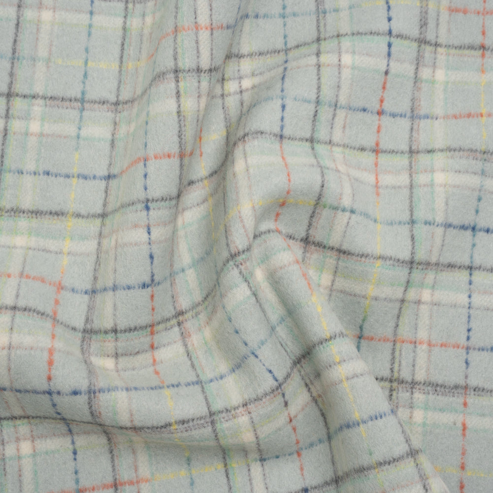 Brushed Wool Double Cloth Coating - Mint, Charcoal and Blue Plaid - Deadstock