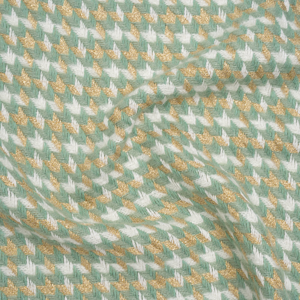Metallic Wool and Acrylic Tweed Twill - Mint Green, Gold and White Geometric - Deadstock