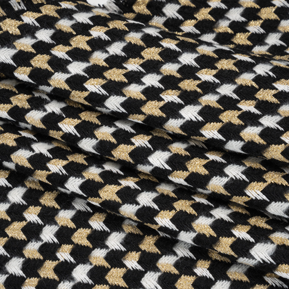 Metallic Wool and Acrylic Tweed Twill - Black, Gold and White Geometric - Deadstock