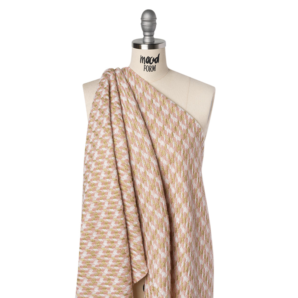 Metallic Wool and Acrylic Tweed Twill - Pink, Gold and White Geometric - Deadstock Drape